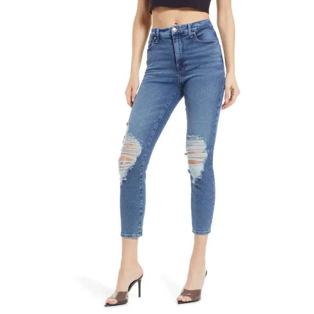 NWT Good American Good Waist Ripped Crop Skinny Jeans Medium Wash Blue Size 2/26